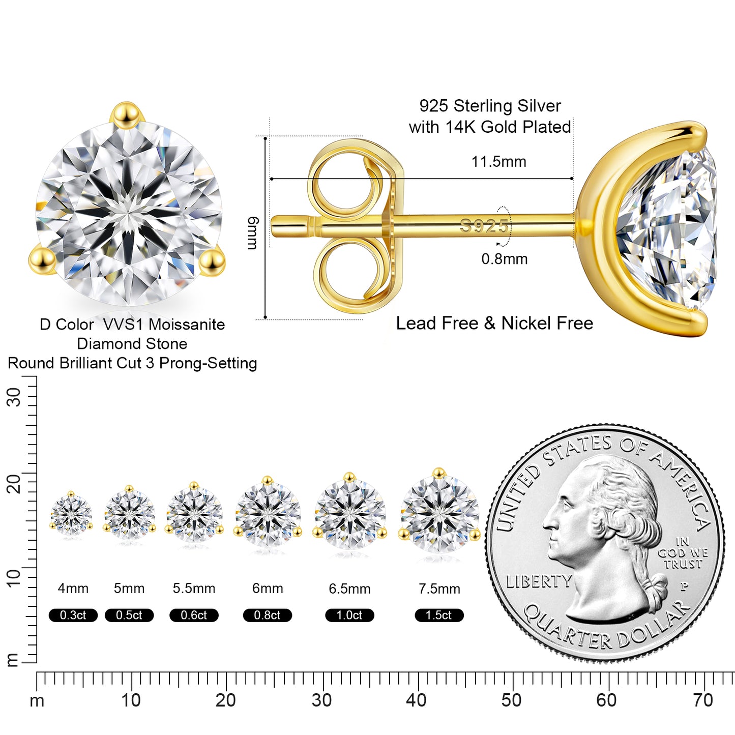 Three-Prong Excellent VVS1  Moissanite Stud Earrings