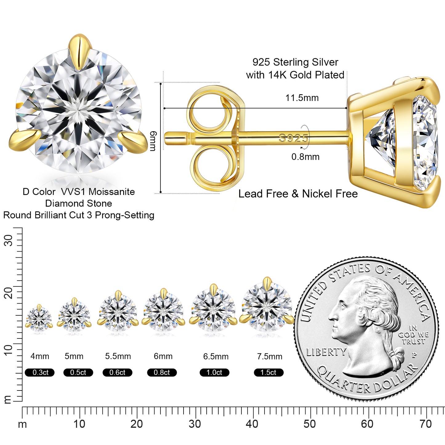 Three-Prong Excellent VVS1  Moissanite Stud Earrings